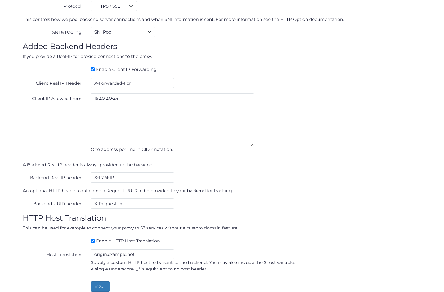 Trusted upstream CIDR, forwarded client header and backend request UUID header
